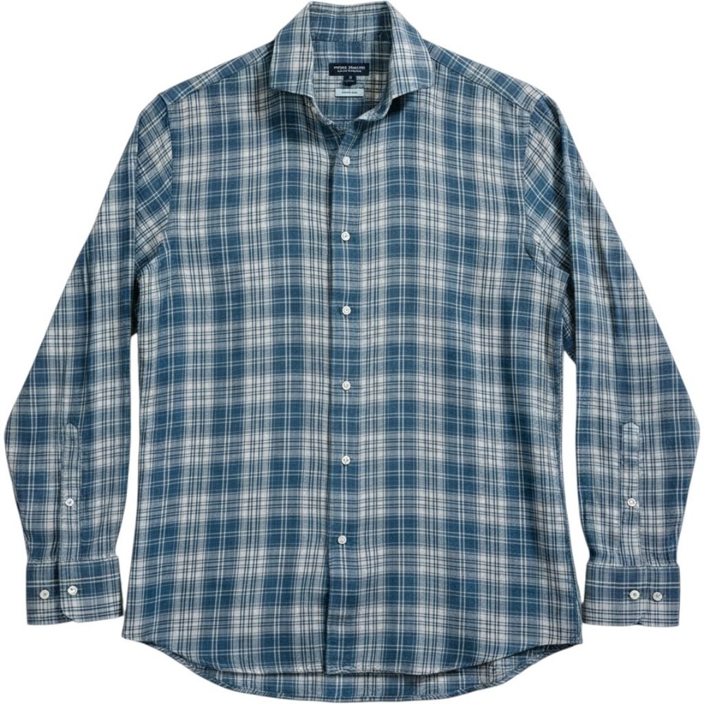 $275 Peter Millar Italian Button Up Blue Plaid Flannel Men Medium Crown Crafted - Picture 1 of 5